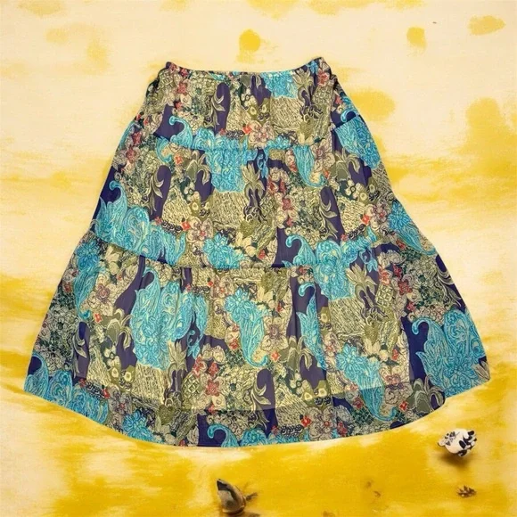 Coldwater Creek Blue, Green, and Teal Bohemian Print Tiered Maxi Skirt Sz Large - Picture 2 of 8